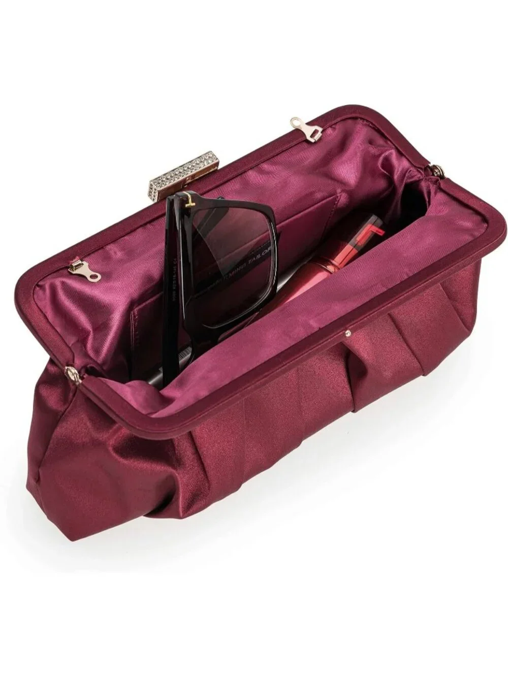 Women's Burgundy Classic Pleated Satin Clutch Purse Diamante Formal Evening Bag